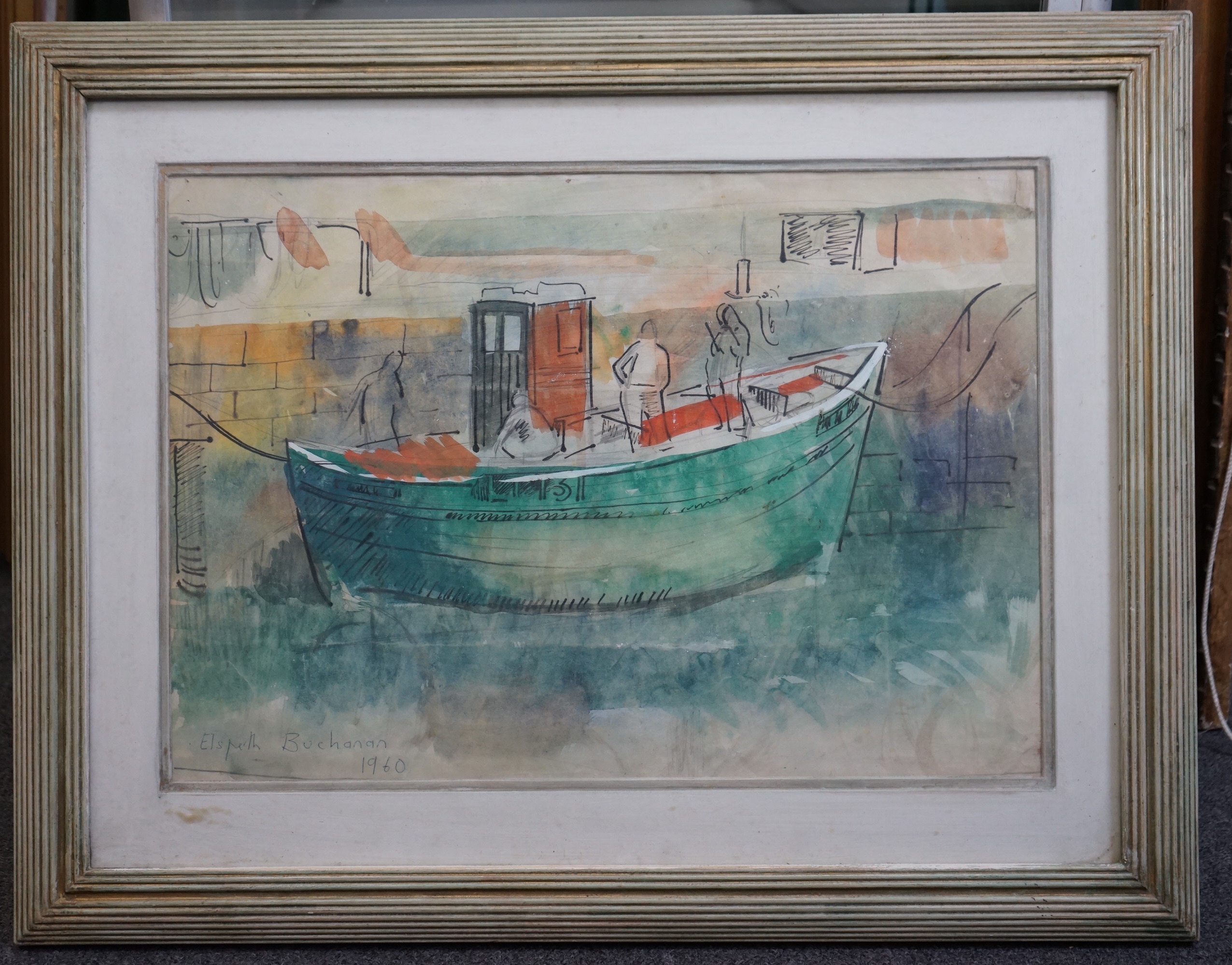 Elspeth Buchanan (Scottish, 1915-2011), Fishing boat in harbour and Fish market, ink and watercolour, 35 x 50cm and 34 x 53cm